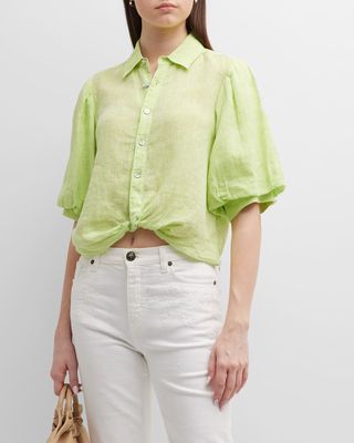 Bomba Blouson-Sleeve Twist-Front Linen Shirt