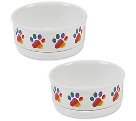 Bone Dry Set of 2 Rainbow Paw Ceramic Pet Bowl Small