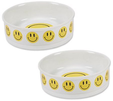 Bone Dry Set of 2 Smiley Face Ceramic Pet Bowl Large