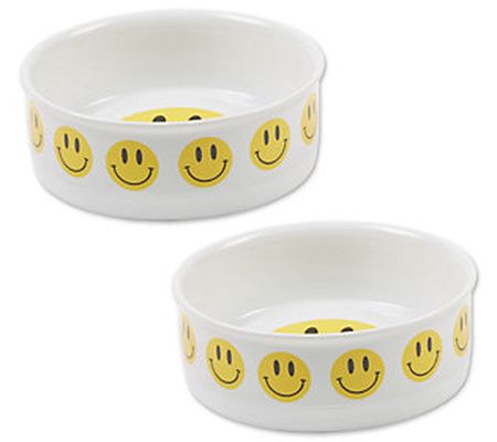 Bone Dry Set of 2 Smiley Face Ceramic Pet Bowl Medium