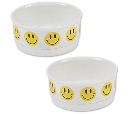 Bone Dry Set of 2 Smiley Face Ceramic Pet Bowl Small