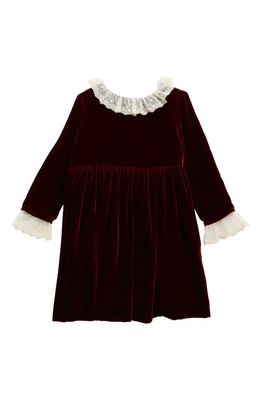 Bonpoint Kids' Ruffle Lace Trim Velvet Dress in Rubis