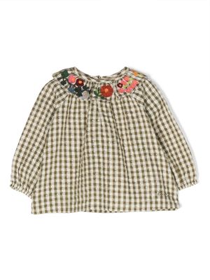 Bonton floral-appliqué check-pattern blouse - Green