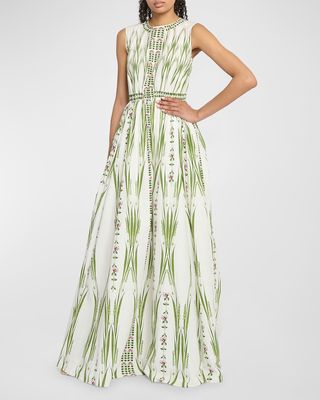 Border Garden-Print Sleeveless Maxi Dress