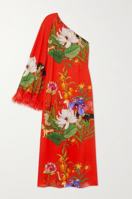 Borgo de Nor - Aubrey One-sleeve Feather-trimmed Floral-print Crepe De Chine Midi Dress - Red