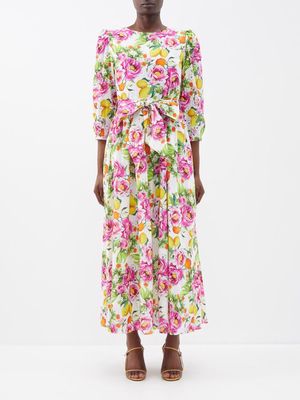 Borgo De Nor - Constance Floral-print Bow-waist Cotton Dress - Womens - Pink Multi