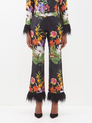 Borgo De Nor - Eden Feather-trim Printed Silk-twill Trousers - Womens - Black Print