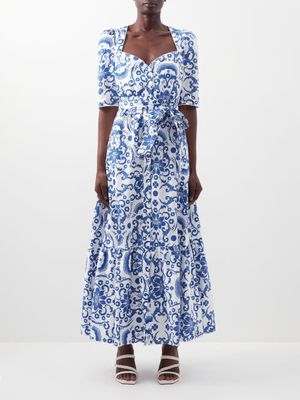 Borgo De Nor - Esme Sweetheart Printed-cotton Dress - Womens - Blue White