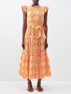 Borgo De Nor - Everly Mosaic-print Cotton-voile Midi Dress - Womens - Orange Print