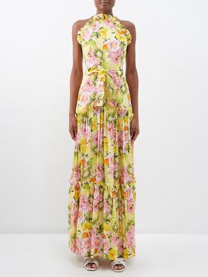 Borgo De Nor - Tatiana Floral-print Ruffled Silk-crepe Maxi Dress - Womens - Yellow Multi