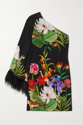Borgo de Nor - Vida One-sleeve Feather-trimmed Floral-print Crepe De Chine Mini Dress - Black