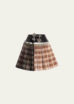 Borovets Carabiner Spliced Plaid-Print Belted Mini Skirt