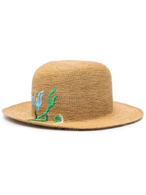 Borsalino embroidered interwoven straw hat - Brown