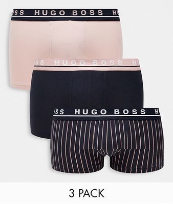BOSS 3-pack trunks with all-over logo waistband in black, pink stripe and pink-Multi
