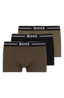 BOSS Assorted 3-Pack Bold Design Cotton Stretch Jersey Trunks in Black/Olive/Olive Print