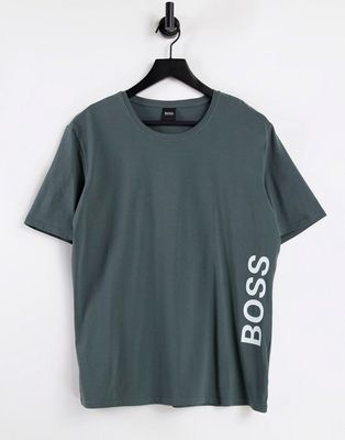 BOSS Bodywear Identity vertical contrast logo t-shirt in khaki-Green