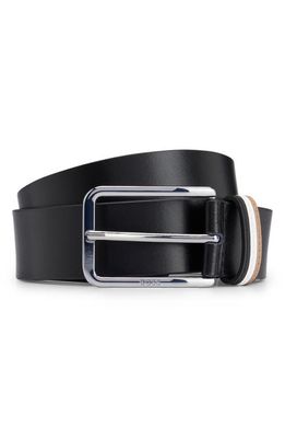 BOSS Calis Leather Belt with Stripe Keeper Loop in Black