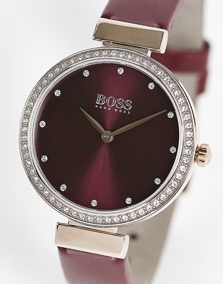 BOSS classic watch with crystal detail and real leather strap in burgundy-Red