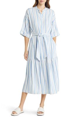 BOSS Dalinena Stripe Belted Linen Blend Shirtdress in Summer Sky Pinstripe