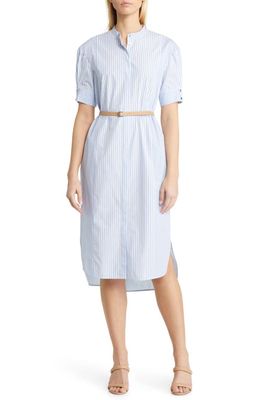 BOSS Desseni Stripe Belted Cotton Dress in Summer Sky Pinstripe