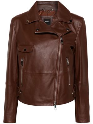 BOSS double-breasted leather biker jacket - Brown