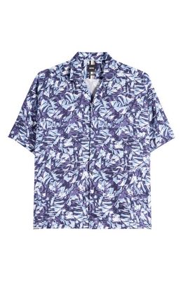 BOSS Drew Palm Print Lyocell Camp Shirt in Blue
