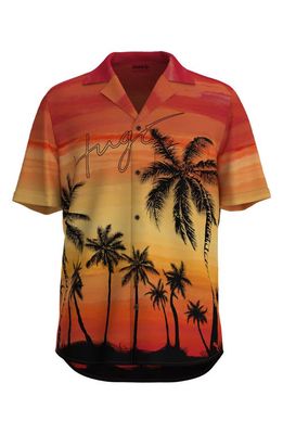 BOSS Ellino Sunset Print Short Sleeve Button-Up Camp Shirt in Orange