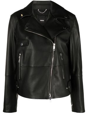 BOSS engraved-logo leather biker jacket - Black