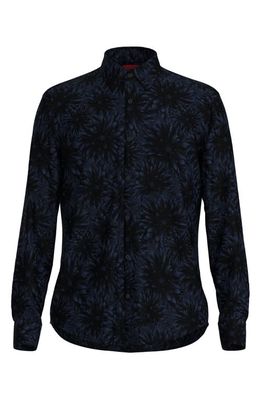 BOSS Ermo Floral Cotton Button-Up Shirt in Dark Blue