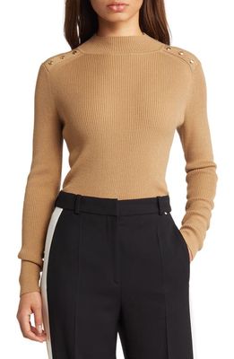 BOSS Fortney Rib Button Shoulder Wool Blend Sweater in Iconic Camel