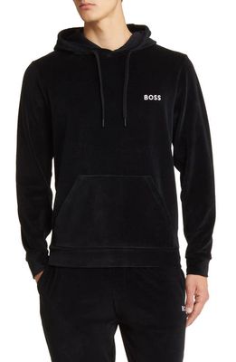 BOSS Heritage Logo Embroidered Velour Lounge Hoodie in Black
