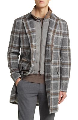 BOSS Hyde Plaid Notch Lapel Coat with Removable Dickey in Medium Grey