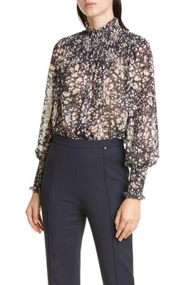 BOSS Inada Abstract Floral Smock Detail Blouse in Black Fantasy