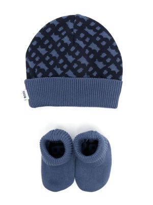 BOSS Kidswear geometric intarsia hat and slippers set - Blue