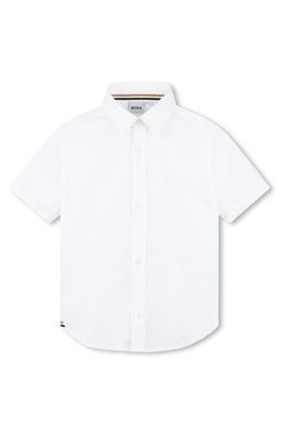 BOSS Kidswear Kids' Solid Short Sleeve Cotton Button-Up Shirt in 10P-White