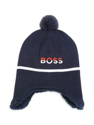 BOSS Kidswear logo-embroidered knitted hat - Blue