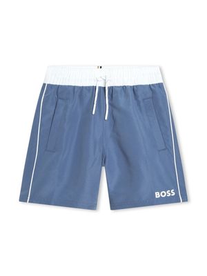 BOSS Kidswear logo-print contrast-waistband swim shorts - Blue
