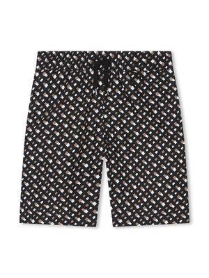 BOSS Kidswear monogram-pattern drawstring swim shorts - Black
