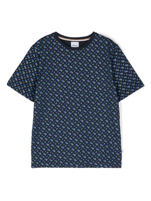 BOSS Kidswear monogram-pattern T-shirt - Blue