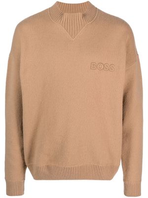 BOSS logo-embroidered virgin-wool jumper - Brown