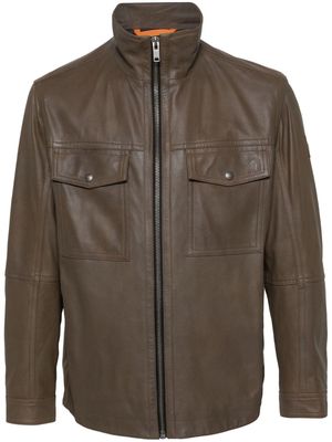 BOSS logo-patch leather jacket - Brown
