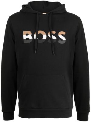 BOSS logo-print drawstring cotton hoodie - Black