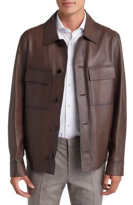 BOSS Mando Lambskin Leather Shirt Jacket in Medium Beige