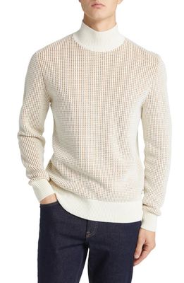 BOSS Maurelio Mock Neck Cotton & Wool Waffle Sweater in Open White