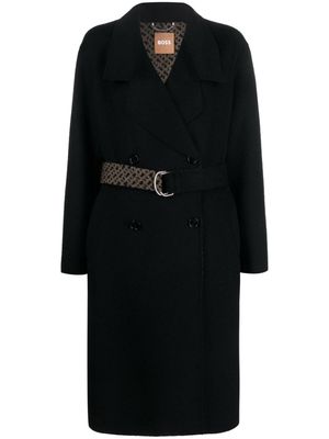 BOSS monogram-jacquard belt wool-blend coat - Black