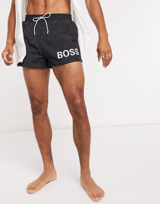 BOSS Mooneye short length swim shorts with bold logo in black