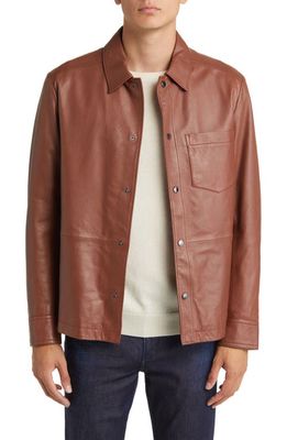 BOSS Myshirt Lambskin Leather Snap-Up Overshirt in Medium Brown