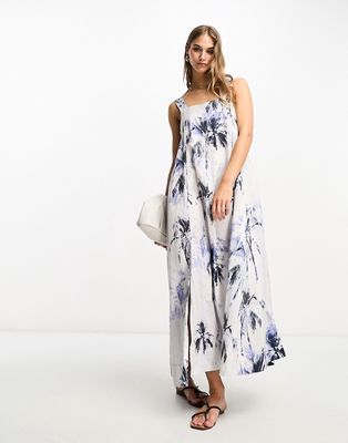 BOSS Orange Dard strap maxi dress in off-white with floral print