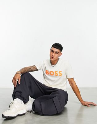 BOSS Orange Thinking 1 large logo T-shirt in light beige-Neutral