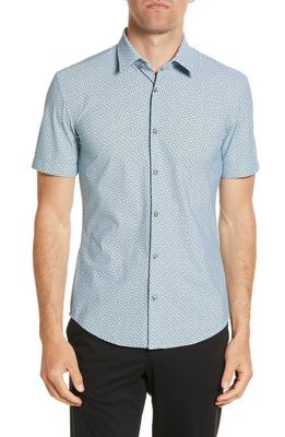 BOSS Ronn Geo Print Short Sleeve Button-Up Shirt in Light Blue